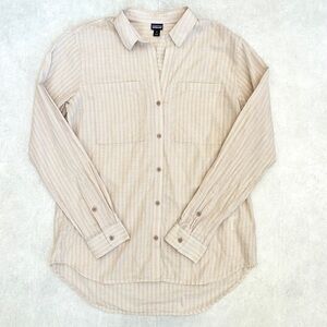 Patagonia Lightweight A/C Buttondown Shirt Organic Cotton Hemp Tan Stripe Small